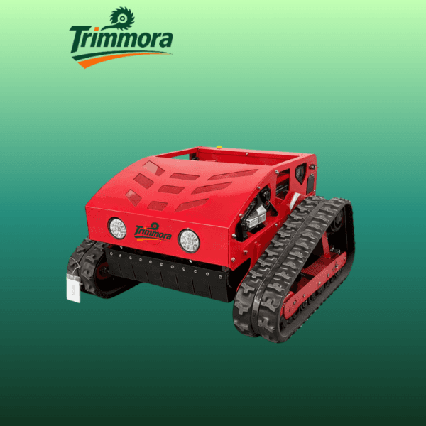 remote control lawn mower 55 red face Trimmora TRM-55L (red color)remote controlled gasoline crawler mower – front view with 550mm deck, electric start receiver, for steep slopes up to 50°