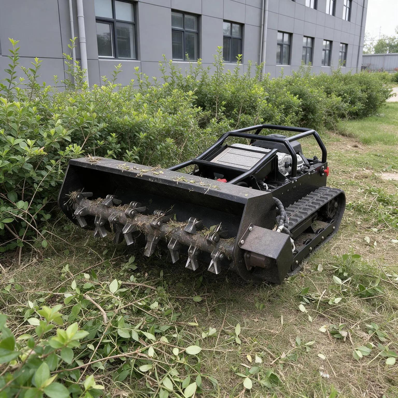 Trimmora HydraMaster 1000 – Full Hydraulic Remote Control Mower is currently mowing bushes.
